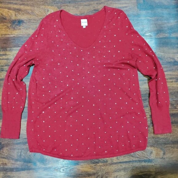 NIC+ZOE Relaxed Bling Rhinestone Studded V-Neck Long Sleeve Sweater Size Large - Picture 2 of 12